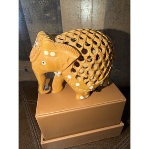 Hand Carved Wooden Pregnant Elephant Jali Undercut Lattice Figurine India‎ Art